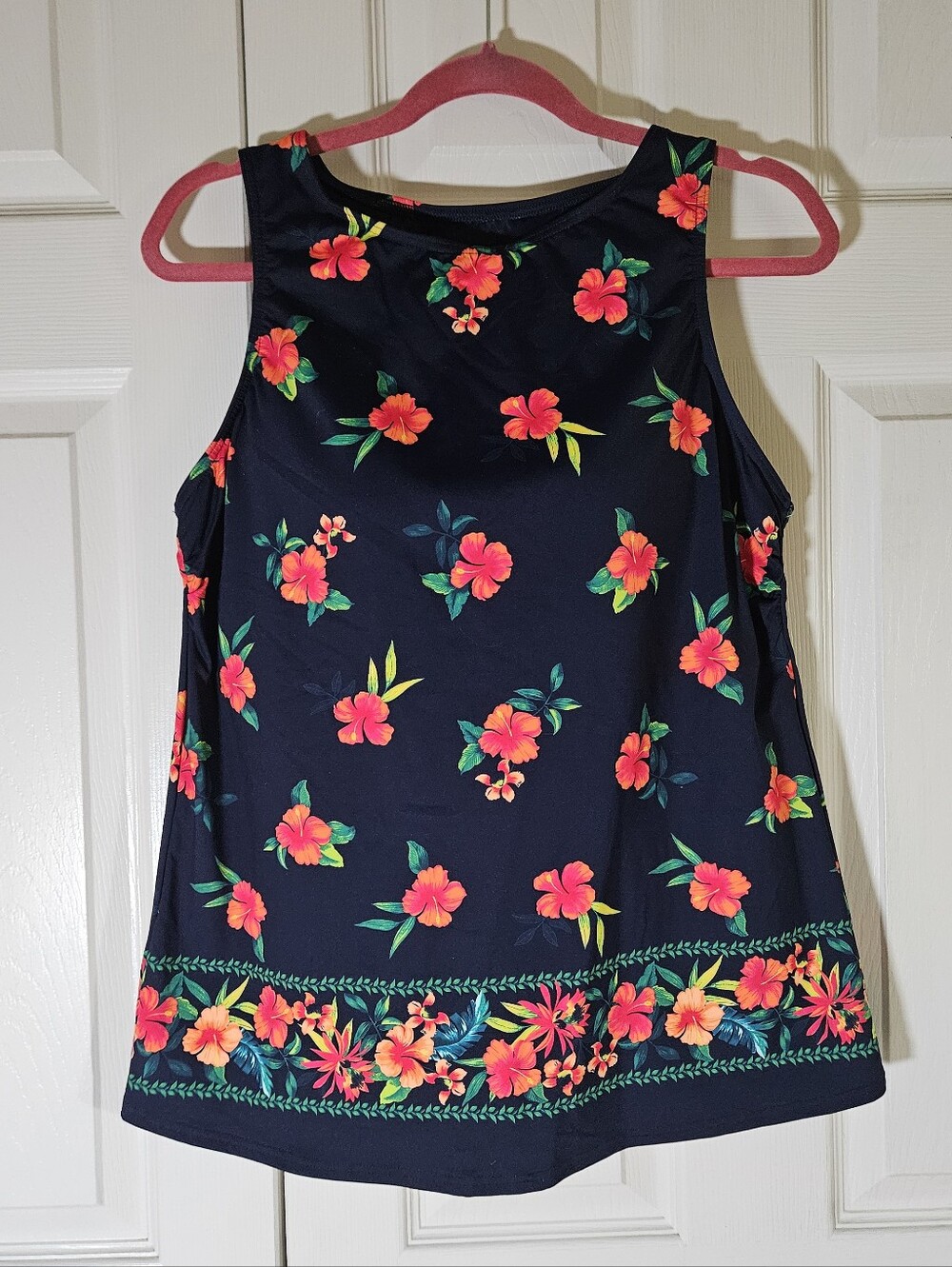 NWT Land's End High Neck Tankini Swim Top Navy Blue Floral